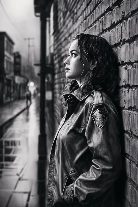 arafed woman standing against a brick wall in the rain