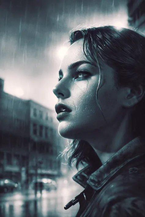 dramatic scene, ink wash, washed out painting, darkwave, desolate, antiutopia, noir, rain, policewoman, private detective, cyberpunk, award winning cinema poster art, bold lines, expressive drawing,  8K, (dynamic perspective), sharp focus, (depth of field, bokeh:1.3), extremely detailed, beautiful detailed eyes, cinematic lighting, ((masterpiece, best quality))