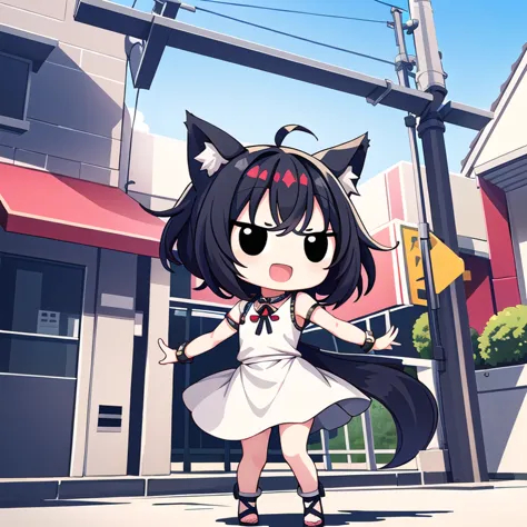 <lora:hotarueye_jitome4_v100:0.8>, 1girl, (chibi:1.4), smile, open mouth, dynamic angle, standing, animal ear, black hair, outdoor