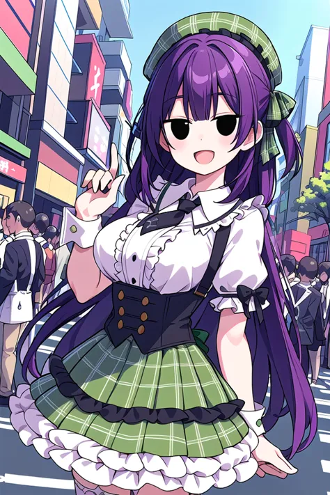 anime girl in a green and white dress and hat walking down a street