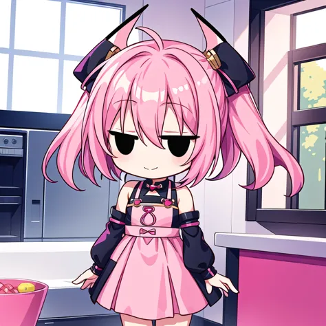 anime girl in pink dress standing in kitchen with bowl of cereal