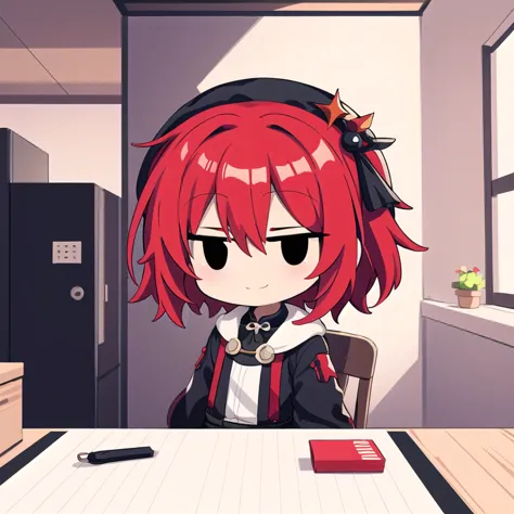 anime girl with red hair sitting at a table with a pen