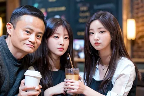 three asian people are posing for a picture with a drink