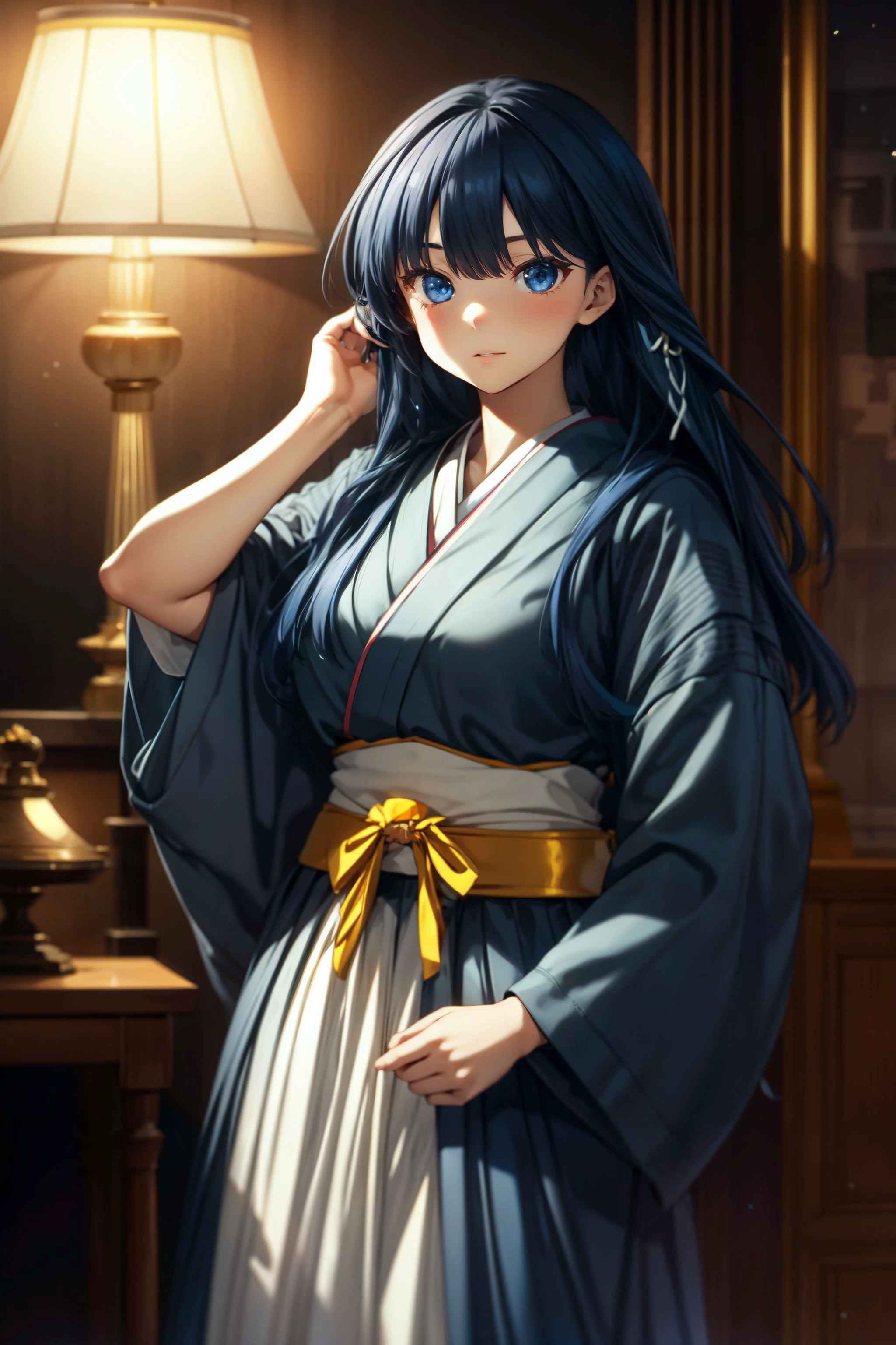 1 chica, golpes, negro_Cabello, blue_eyes, senos, vela, velalight, también, también_falda, adentro, japonés_ropa, kimono, lamp, lantern, largo_Cabello, largo_mangas, mirando_en_espectador, obi, papel_lantern, faja, falda, solo, ancho_mangas