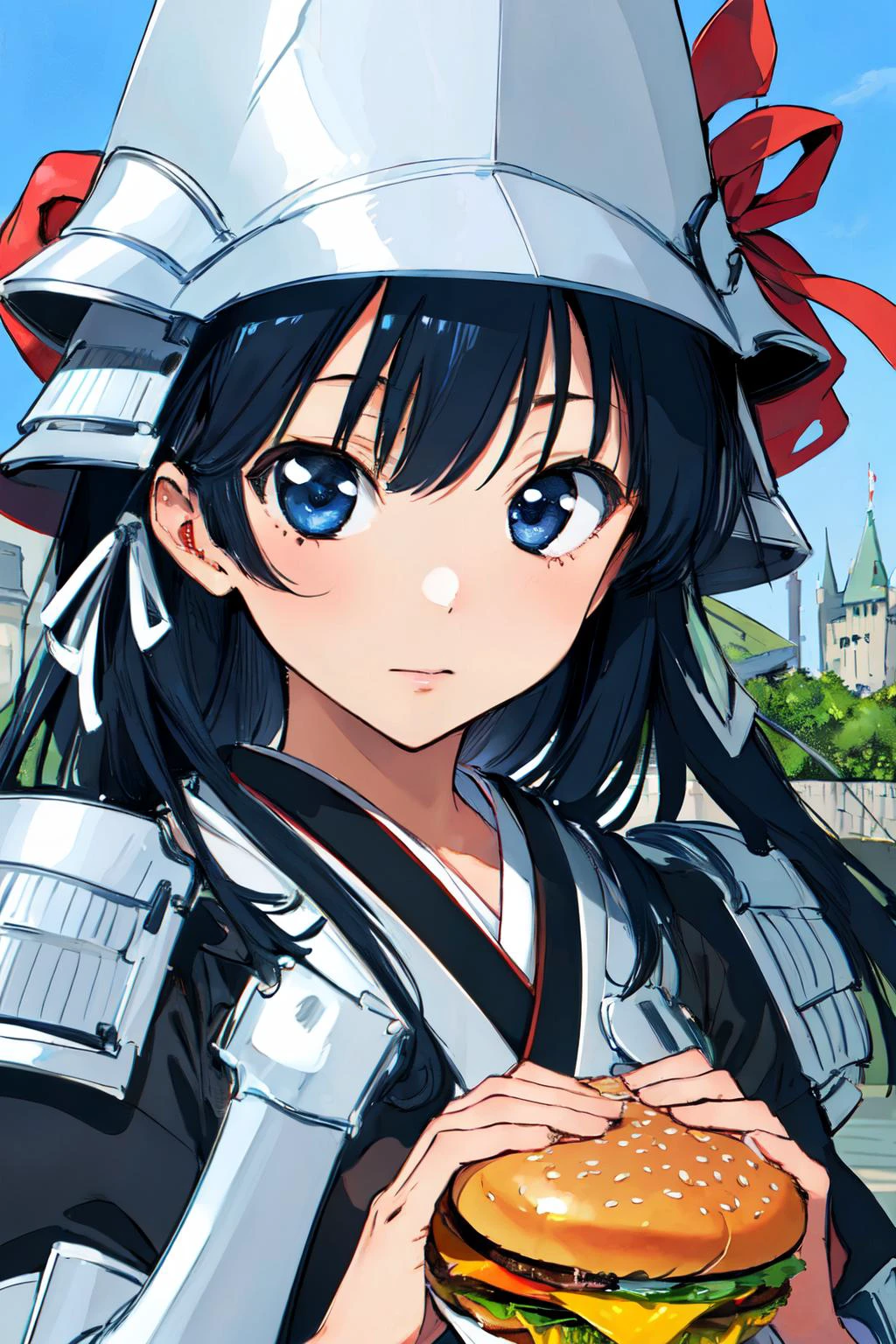 (masterpiece, best quality;1.3), extremely detailed ,ultra detailed, 1girl, solo,  looking at viewer, 
uesugi kenshin (rance),armor, helmet, hair ribbon, japanese castle, 
two hands, eating a hamburger,burger, nom hamburger