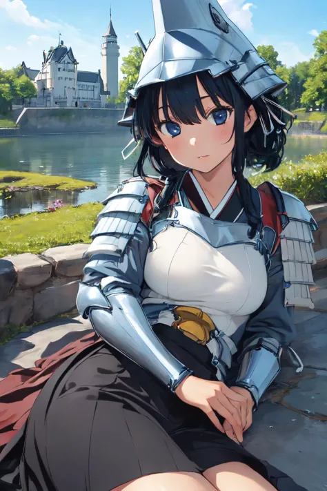 (masterpiece, best quality;1.3), extremely detailed ,ultra detailed, 1girl, solo,  looking at viewer, 
uesugi kenshin (rance),armor, helmet, hair ribbon, japanese castle, lying,
