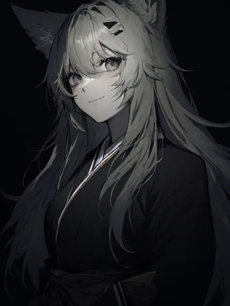 illustration, cartoon, soothing tones, calm colors, (anime), (illustration), cartoon, detailed, detailed background, masterpiece, best quality, <lora:lappland:1> Lappland, long hair, scar across eye,grey eyes wolf ears, medium breasts, gradient hair, (fang:0.6), kimono, dark forest, dark, night, smile, glowing eyes, arms behind back, sle, masterpiece, detailed background, mksks style