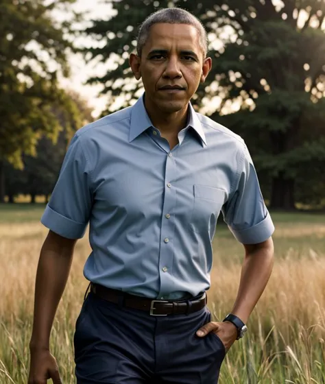 a close up of a man in a blue shirt standing in a field