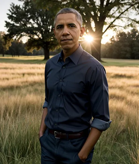 arafed image of a man standing in a field with a tree in the background