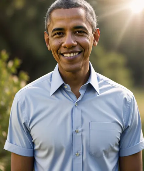 a close up of a man in a blue shirt smiling