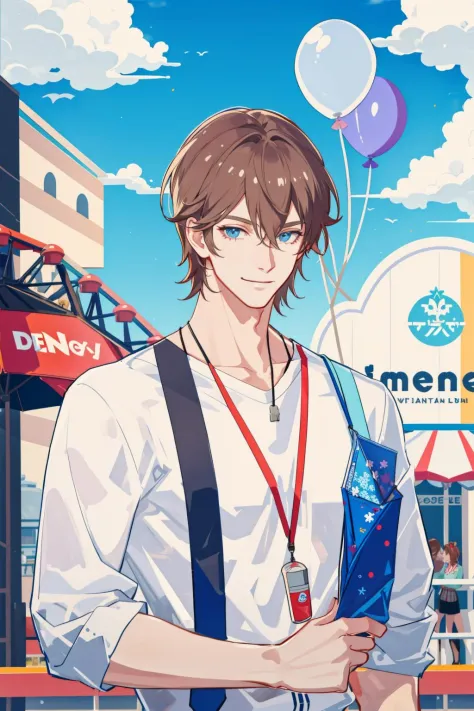 masterpiece, best quality, 1 male, tall muscular man, casual clothes, balloon, amusement park, upper body, ferris wheel, smile