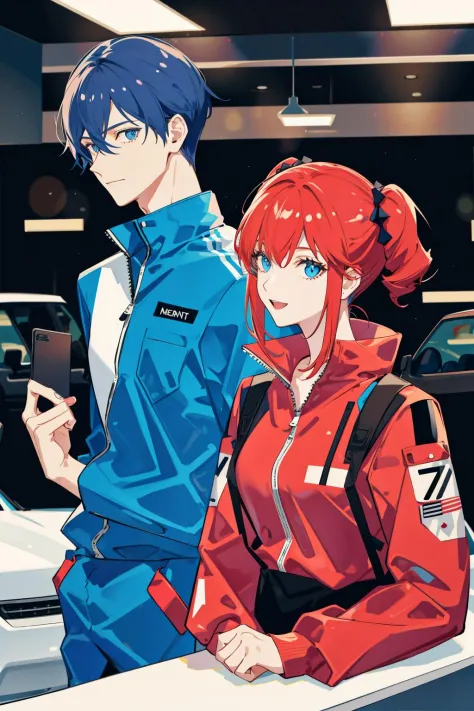 masterpiece, best quality, 2others, couple, 1man with 1woman, Height difference, happy, love, jumpsuit, car repair shop, different color hair, upper body