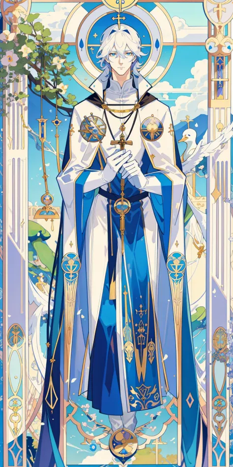 masterpiece, best quality, 1 male, adult, handsome, tall muscular guy, The Hierophant \(tarot\),Pope, priest,Symbolism,Visual art,Occult,Universal,Vision casting,Philosophical,Iconography,Numerology,Popularity,Artistic, Alfons Mucha