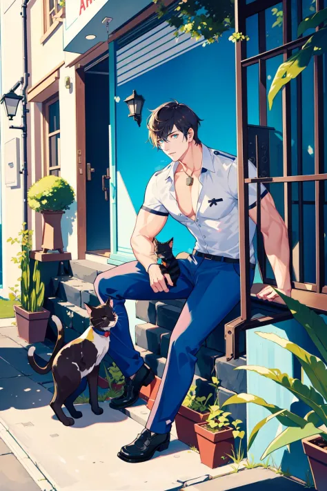 masterpiece, best quality, 1 male, handsome, tall muscular guy, very short hair, Uniform, best ratio four finger and one thumb, best light and shadow, background is back alley, detasiled sunlight, sitting, Little cats are gathered next to him, dappled sunlight, day, depth of field, plants, summer