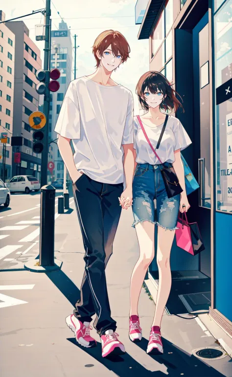 masterpiece, best quality, 2others, couple, 1man with 1woman, Height difference, happy, love, smile, casual clothes, oversized shirt, modern urban street, holding hands