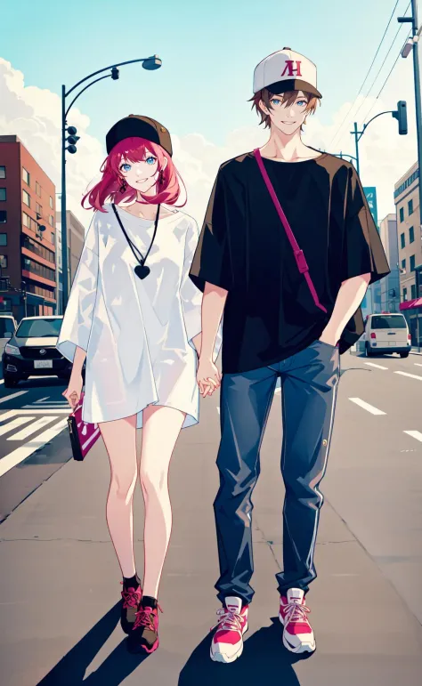 masterpiece, best quality, 2others, couple, 1man with 1woman, Height difference, happy, love, smile, casual clothes, oversized s...