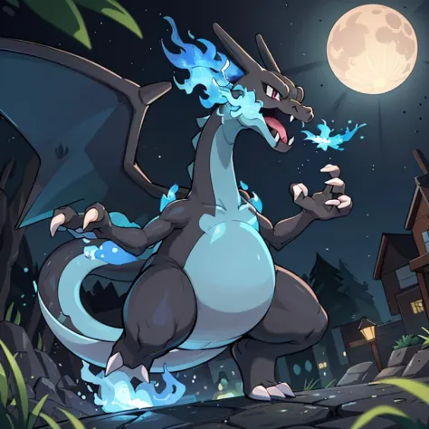 ((masterpiece,best quality)), absurdres,
award winning photo,
Mega_Charizard_X_Pokemon, (black skin, blue fire), flame-tipped tail, two wings,
3d, night, depth_of_field, jumping, motion_blur, no_humans, outdoors, pokemon_\(creature\),  night, crescent moon...