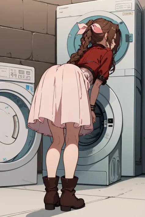 (masterpiece, best quality:1.2), 1girl, washing machine, (stuck in washing machine), crawling into a washing machine, from behin...