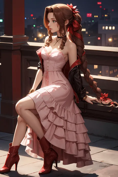 Aerith Gainsborough, HALSBAND, Kurze Jacke, Haarschleife, Armband, Pinkes Kleid, braune Stiefel, Sehr langes Haar, Haarbänder, Haarblumen, trägerloses rotes Kleid, High Heels