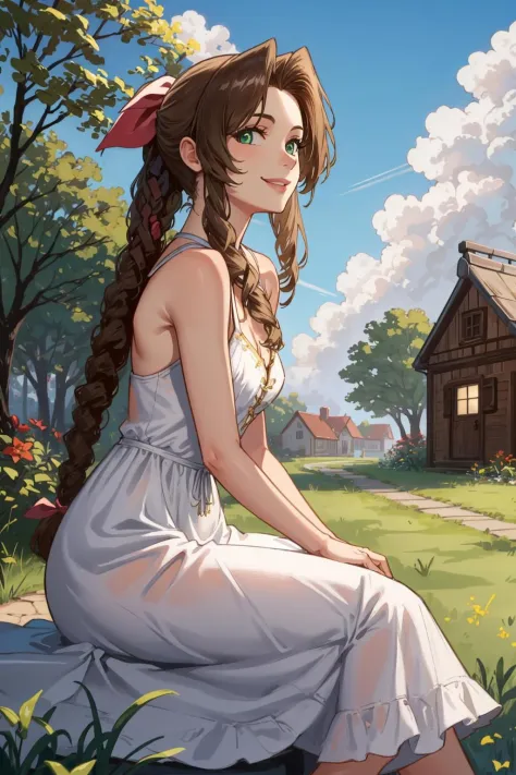 masterpiece, best quality, aerith gainsborough, hair bow, white sundress, sitting, side view, looking at viewer, smile, garden, ...