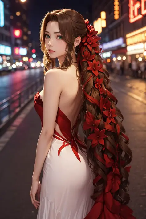 masterpiece, best quality, aerith gainsborough, very long hair, hair ribbons, hair flowers, strapless red dress, looking at viewer, cowboy shot, nighttime, waterfront, neon signs ,  