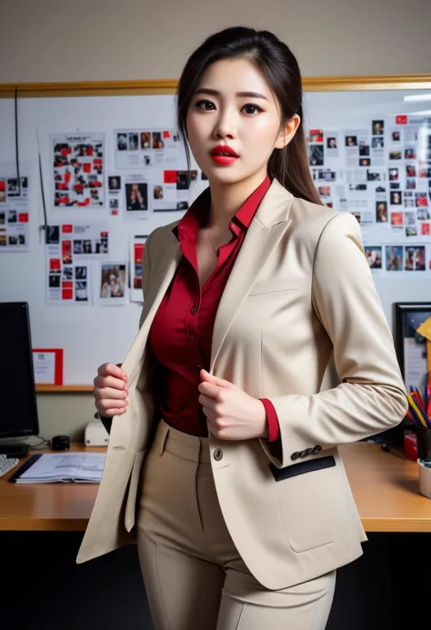 (medium full shot) of (attractive office secretary) young woman, korean, dark brown eyes, pale skin, curvy, sleek ponytail hair,...