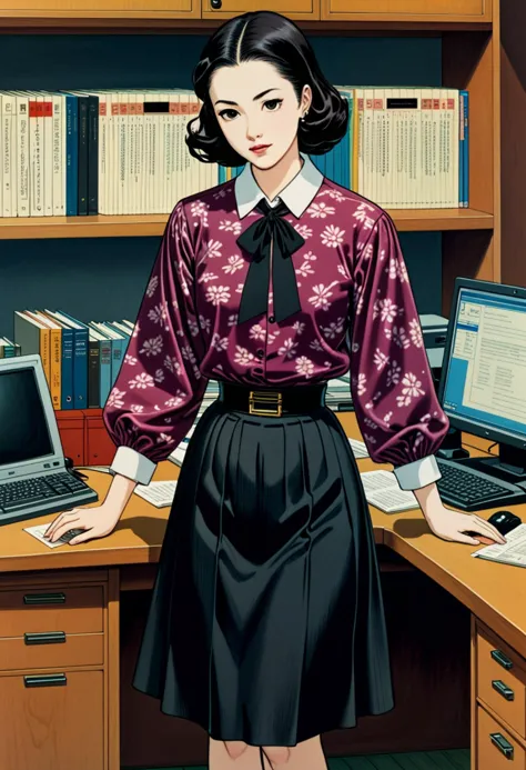 (horror painting by Utagawa Kuniyoshi) of a   office secretary woman,             wearing a rich plum  patterned blouse, classic black skirt, ballet flats, minimalist ring set, light blush,             set in  Cubicle Area at work office, Open layout with partitioned workstations, overhead shelves, desk organizers, office phones, bulletin boards, at night