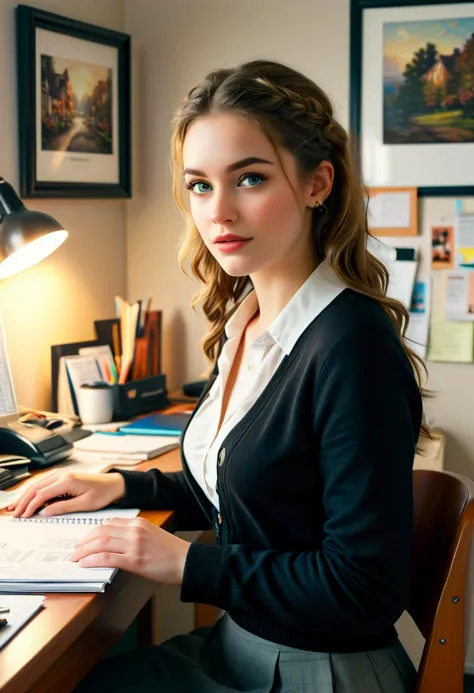 (medium full shot) of (stylish office secretary) young woman, french, green eyes, light skin, petite, side braid hair, wearing a classic black  classic cardigan over a blouse, pleated skirt, stylish loafers, minimalist ring set, subtle eyeshadow, surprised, open mouth, running toward the viewer,  set in  Cubicle at work office, Personalized space with family photos on the desk, a cozy armchair for guests, a coffee mug filled with pens, a bulletin board covered in post-it notes, a desk lamp casting a warm glow, ,Masterpiece,best quality, photorealistic, amazing quality, very aesthetic, extremely detailed face,