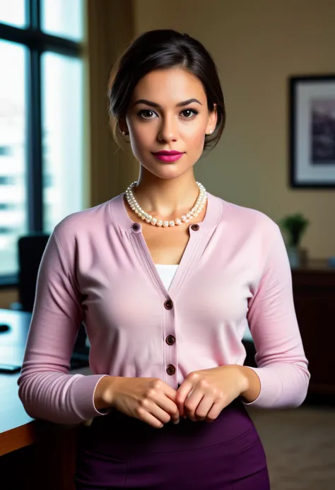 (medium full shot) of (graceful office secretary) young woman, spanish, dark brown eyes, tan skin, slender, french twist hair, w...