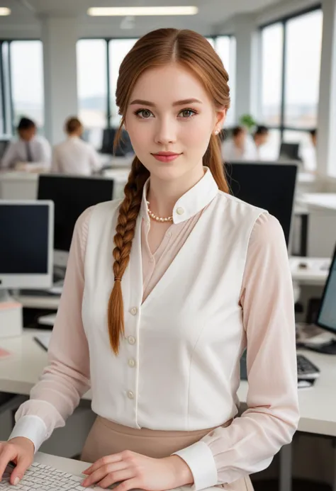 (medium full shot) of (gorgeous office secretary) young woman, chinese, dark eyes, fair skin, pale skin, hazel eyes, petite buil...