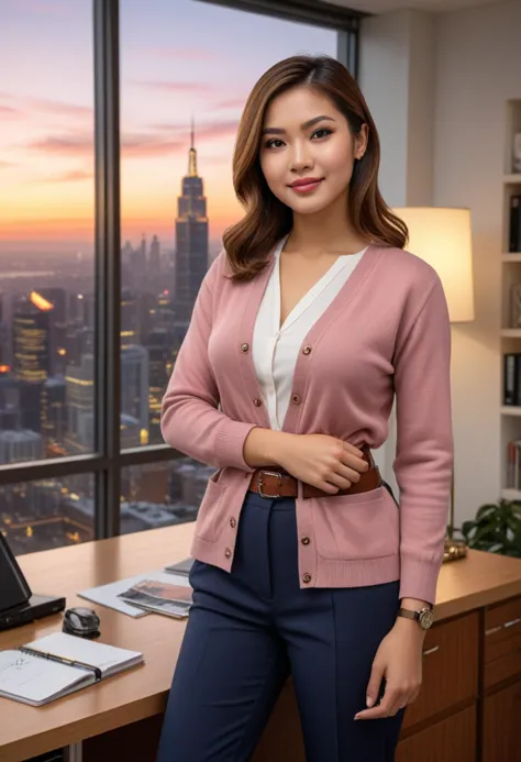 (medium full shot) of (bonnie office secretary) young woman, thai, straight hair, brown eyes, light brown skin, tan skin, brown ...