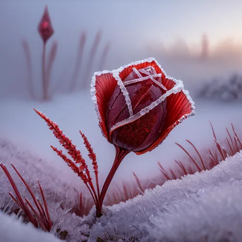 there is a red flower that is covered in frost