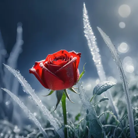 a close up of a red rose with dew on it