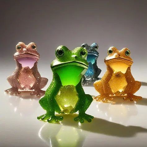 three glass frogs are sitting on a white surface