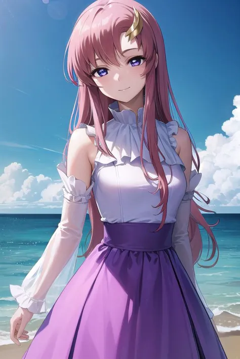 a woman in a purple dress standing on a beach next to the ocean