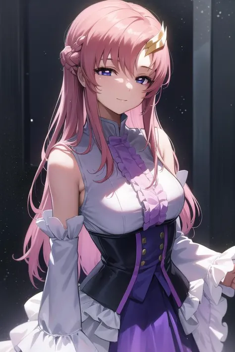 lacusclyne, <lyco:lacusclyne-lyco-nochekaiser:1>,
lacus clyne, (purple eyes:1.1), hair ornament, long hair, wave hair ornament, pink hair, <lora:nikkori_v200:1>, smile,
BREAK dress, long dress, long sleeves, white sleeves, frills frilled skirt, frilled sleeves, detached sleeves, bare shoulders, purple skirt, purple frills,
BREAK looking at viewer, (cowboy shot:1.5),
BREAK outdoors, space, star \(sky\), sun, 
BREAK <lyco:GoodHands-beta2:1>, (masterpiece:1.2), best quality, high resolution, unity 8k wallpaper, (illustration:0.8), (beautiful detailed eyes:1.6), extremely detailed face, perfect lighting, extremely detailed CG, (perfect hands, perfect anatomy),