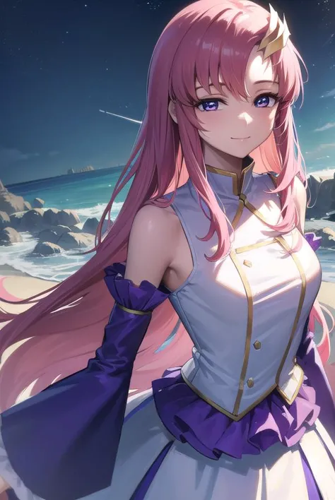 lacusclyne, <lyco:lacusclyne-lyco-nochekaiser:1>,
lacus clyne, (purple eyes:1.1), hair ornament, long hair, wave hair ornament, pink hair, <lora:nikkori_v200:1>, smile,
BREAK dress, long dress, long sleeves, white sleeves, frills frilled skirt, frilled sleeves, detached sleeves, bare shoulders, purple skirt, purple frills,
BREAK looking at viewer, (cowboy shot:1.5),
BREAK outdoors, space, star \(sky\), sun, 
BREAK <lyco:GoodHands-beta2:1>, (masterpiece:1.2), best quality, high resolution, unity 8k wallpaper, (illustration:0.8), (beautiful detailed eyes:1.6), extremely detailed face, perfect lighting, extremely detailed CG, (perfect hands, perfect anatomy),