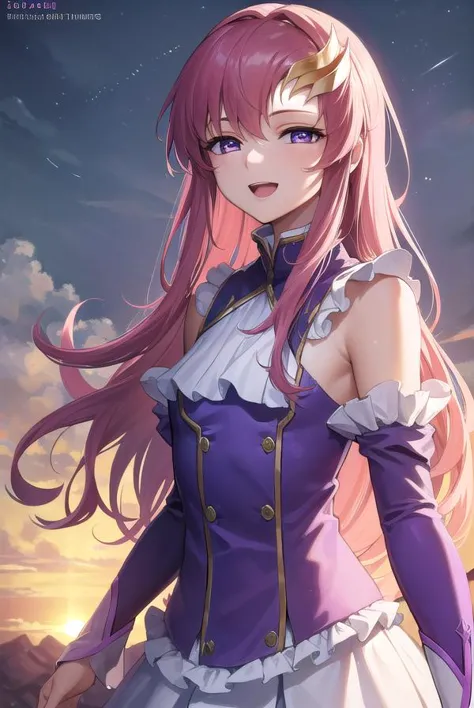 lacusclyne, <lyco:lacusclyne-lyco-nochekaiser:1>,
lacus clyne, (purple eyes:1.1), hair ornament, long hair, wave hair ornament, pink hair, <lora:nikkori_v200:1>, smile, open mouth,
BREAK dress, long dress, long sleeves, white sleeves, frills frilled skirt, frilled sleeves, detached sleeves, bare shoulders, purple skirt, purple frills,
BREAK looking at viewer, (cowboy shot:1.5),
BREAK outdoors, space, star \(sky\), sun, 
BREAK <lyco:GoodHands-beta2:1>, (masterpiece:1.2), best quality, high resolution, unity 8k wallpaper, (illustration:0.8), (beautiful detailed eyes:1.6), extremely detailed face, perfect lighting, extremely detailed CG, (perfect hands, perfect anatomy),