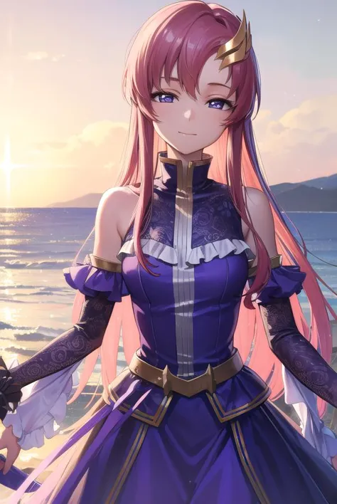 lacusclyne, <lyco:lacusclyne-lyco-nochekaiser:1>,
lacus clyne, (purple eyes:1.1), hair ornament, long hair, wave hair ornament, pink hair, <lora:nikkori_v200:1>, smile,
BREAK dress, long dress, long sleeves, white sleeves, frills frilled skirt, frilled sleeves, detached sleeves, bare shoulders, purple skirt, purple frills,
BREAK looking at viewer, (cowboy shot:1.5),
BREAK outdoors, space, star \(sky\), sun, 
BREAK <lyco:GoodHands-beta2:1>, (masterpiece:1.2), best quality, high resolution, unity 8k wallpaper, (illustration:0.8), (beautiful detailed eyes:1.6), extremely detailed face, perfect lighting, extremely detailed CG, (perfect hands, perfect anatomy),