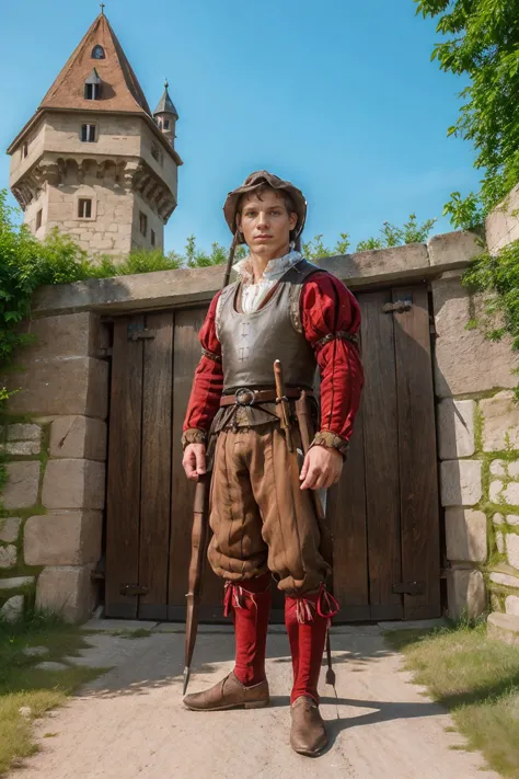 the gate of a medieval Austrian castle, standing guard, ClarkEckhart is a landsknecht, holding weapon, (((full body portrait))),...