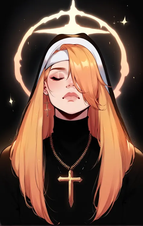 a woman with long blonde hair and a cross on her head