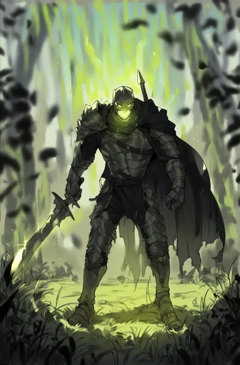 score_9,score_8_up,score_7_up,score_6_up,score_5_up,score_4_up rating_explicit,nsfw, solo,1boy,standing,monochrome,weapon,male focus,outdoors,teeth,sword,from behind,cape,armor,blurry,glowing,grass,sharp teeth,glowing eyes,1other,monster,size difference,green theme <lora:OttoCubzeXL:0.8>