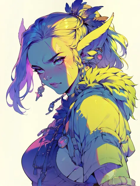 a drawing of a woman with horns and a yellow top