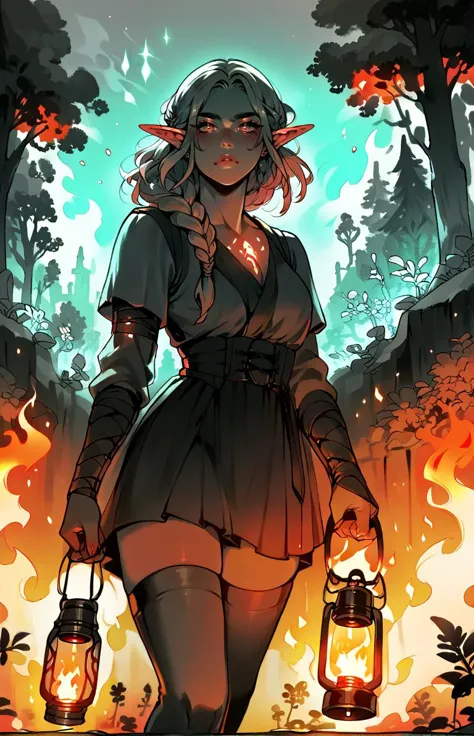 score_9,score_8_up,score_7_up,score_6_up,score_5_up,score_4_up,1girl,solo,long hair,looking at viewer,thighhighs,holding,standing,monochrome,braid,outdoors,pointy ears,tree,fire,elf,nature,forest,lantern,holding lantern,<lora:OttoCubzeXL:0.8>,<lora:Saffy-Vibe-WitchyFantasyCottagecoreAnimeDeath:0.3>,rimlight,neon,gradient,<lora:Saffy-Style-NeonFantasy-000017:0.8>,