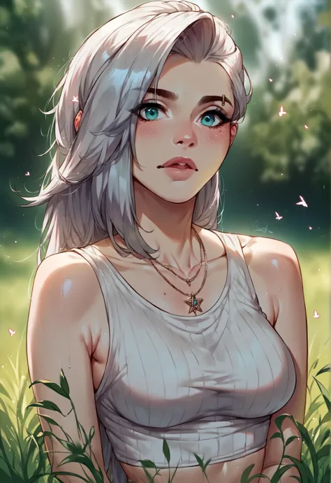 a woman with blue eyes and a white top in a field