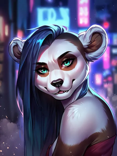 a close up of a panda bear with blue hair and green eyes