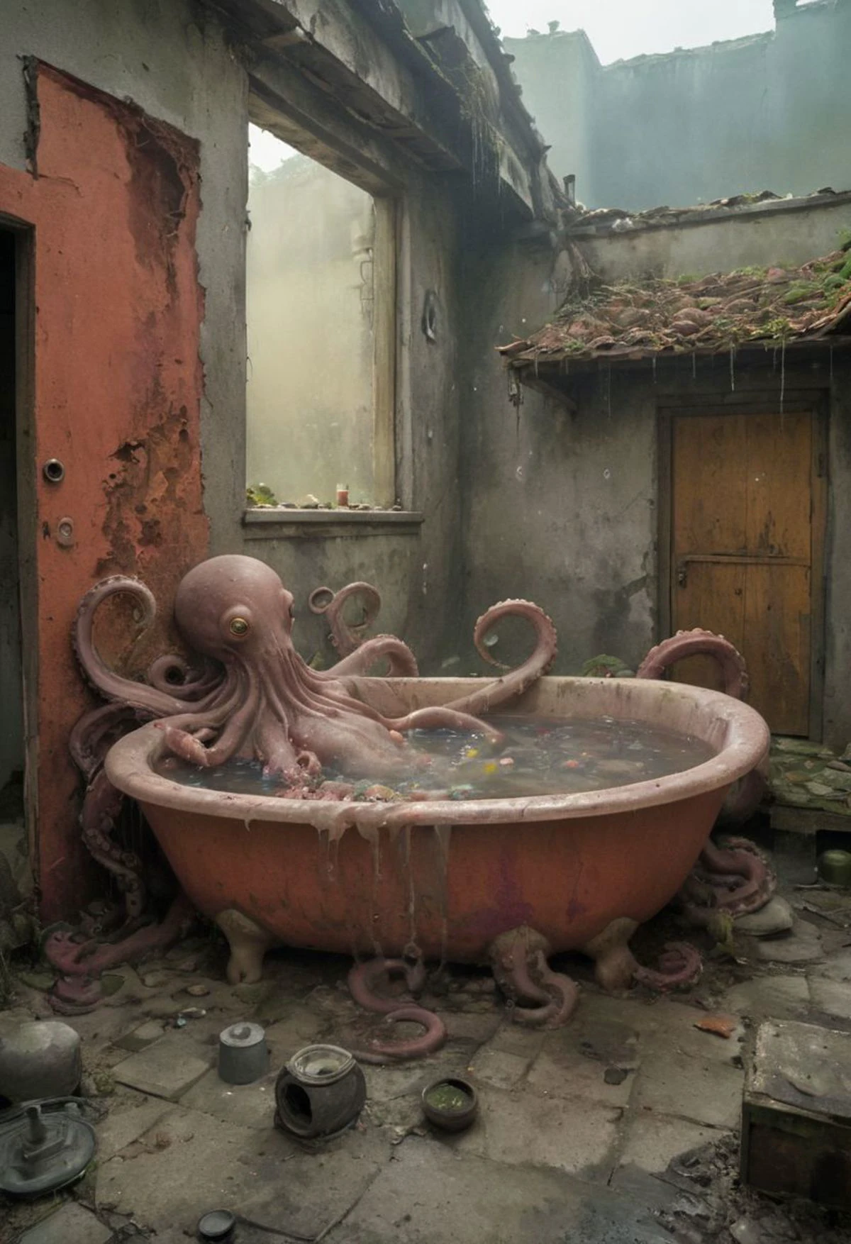 By herg, vibrant colors, Create a captivating story inspired by this image: an octopus woman lounging in a bathtub nestled within a dilapidated house, its walls half-standing, her tentacles leisurely draping over the edge as bubbles froth around her., mystic, ethereal, darkness, atmospheric haze,