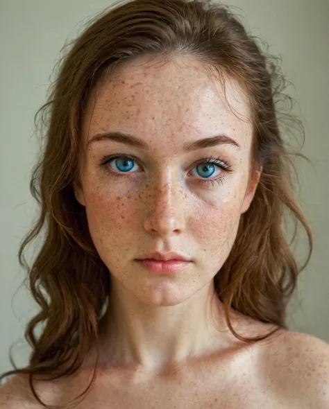 a close up of a woman with freckles on her face