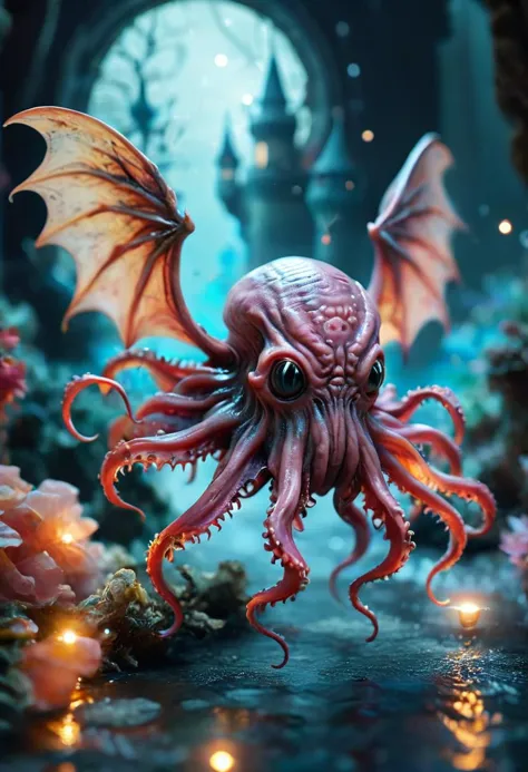 realistische Fotografie eines niedlichen, magischen Cthulhu mit unbeschreiblicher Angst in einem verzauberten Wunderland, wunderschönes, skurriles Fantasy-Kunst-Konzept, detaillierter Hintergrund, glühende Partikel, komplizierte Details, Realismus, ultrascharf