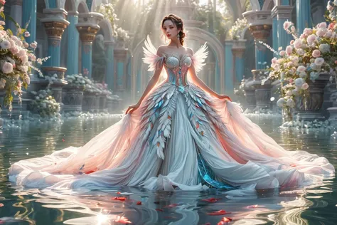 group of men and women,(masterpiece:1.2),best quality,multicolored,masterpiece,best quality,((an extremely delicate and beautiful)),floating,(detailed wet clothes),(detailed light),feather,nature,(sunlight),river,floating palace,beautiful and delicate water,(bloom),(shine),combining the styles of Oscar Chichoni and Luis Royo